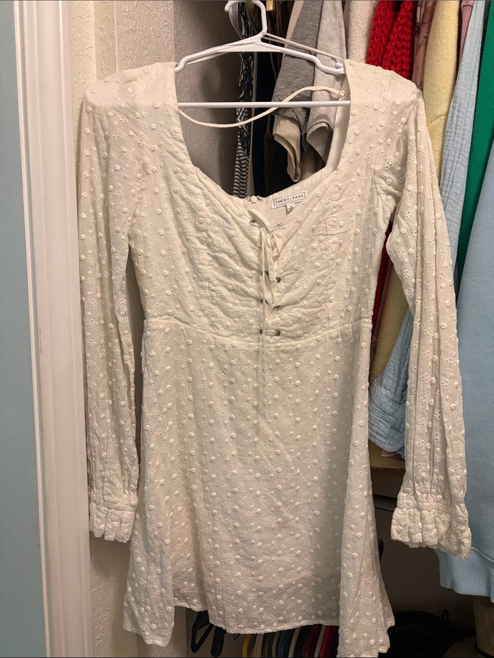 emory park Cream Eyelet Long Sleeve Lace-Up Mini Dress